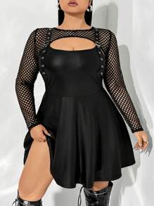 SHEIN ICON Plus Size PU Leather Spliced Mesh Dress, For Winter - Black - View 6