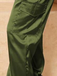 SHEIN SXY 軍綠色春夏緞面抽繩腰黑色休閒女裝長褲 - 軍綠色 - 查看 3