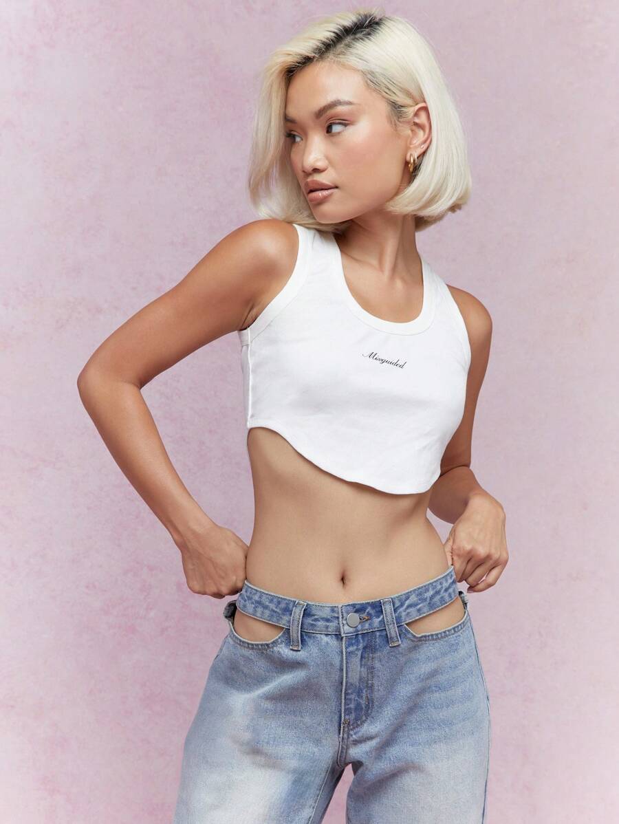 MISSGUIDED Ribbed Curve Hem Crop Tank Top - White - View 1