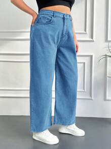 SHEIN Cottnline Talla grande Jeans con cremallera de pierna ancha - Azul - Ver 3