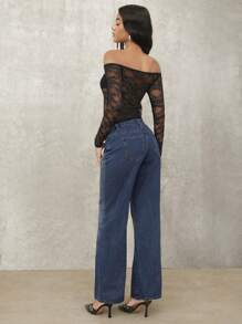 SHEIN BAE Ngày lãng mạn Áo dài tay màu trơn gợi cảm ren xuyên thấu lệch vai, mùa hè - màu đen - Xem 2