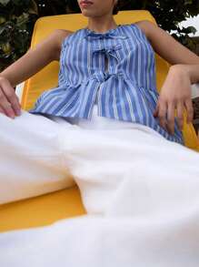 INAWLY Camiseta sin mangas para mujer con estampado de rayas y decoración de lazo - Multicolor - Ver 5