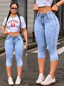 SHEIN EZwear 斜口袋緊身膝蓋上方七分牛仔褲 - 藍色 - 查看 1