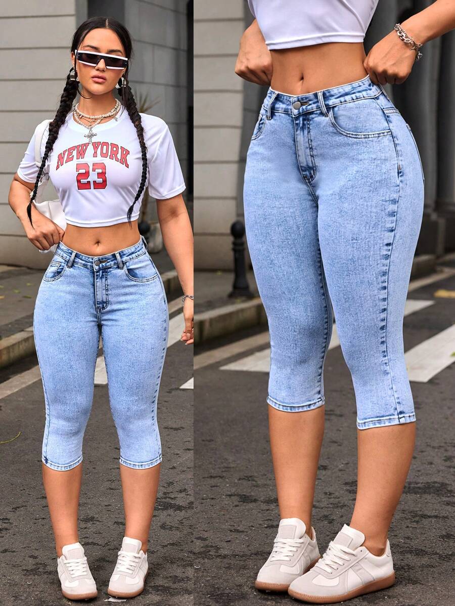 SHEIN EZwear 斜口袋緊身膝蓋上方七分牛仔褲 - 藍色 - 查看 1