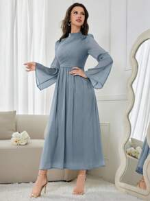 Modelyn 女士纯色简约日常长袖连衣裙长款晚礼服 - 薄荷藍 - 查看 3