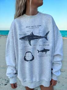 SHEIN EZwear Casual And Simple Shark Printed Flower Grey Round Neck Long Sleeve Loose Oversized Women's Sweatshirt GREAT WHITE SHARK,Long Sleeve Tops Autumn And Winter