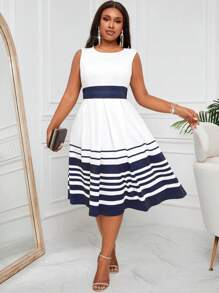 SHEIN Lady Conjunto de dos piezas con chaqueta corta de cárdigan a rayas de bloque de color y vestido plisado A-line, sin mangas, cintura ceñida, vestidos de mujer blancos, conjuntos de dos piezas de mujer, atuendos de mujer para salir, atuendos para las cuatro estaciones - Azul y blanco - Ver 5