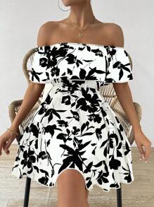 Chiquease 女士夏季休閒花卉印花露肩荷葉邊連衣裙 - 白色 - 查看 1