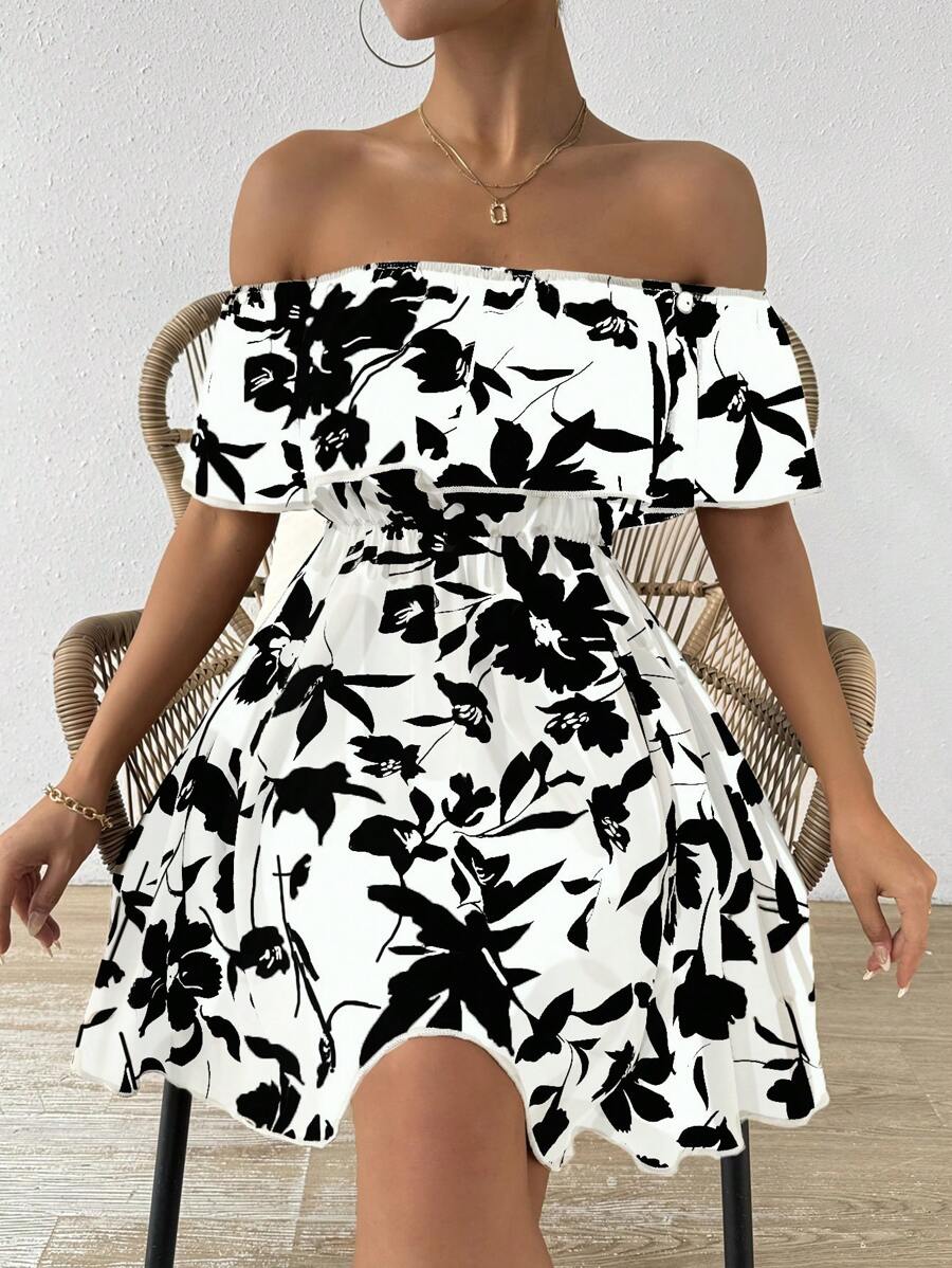 Chiquease 女士夏季休閒花卉印花露肩荷葉邊連衣裙 - 白色 - 查看 1