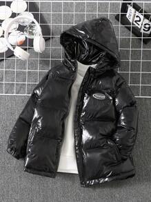 1pc Young Boys Casual Solid Color Decorative Patch Padded  Shiny Fabric Hooded Warm Jacket, Padded Coat, Quilted Coat,In Fall/Winter