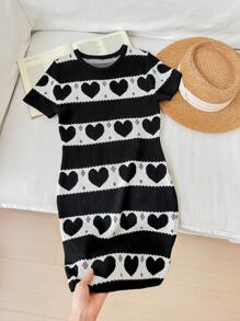 Tween Girl's Heart Pattern Striped Short Sleeve Sweater Dress With Round Neck - Black and White - View 1