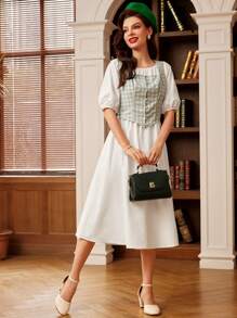 Vintamour Elegancki damski 2-częściowy płaszcz w kratę i garnitur z kamizelką, rękawy środkowe Jesienne ubrania damskie Sukienki damskie Letnia sukienka Dwuczęściowy zestaw strojów Powrót do szkoły Stroje panieńskie Biznesowe swobodne stroje wyjściowe dla kobiet Ubrania biurowe Ubrania nauczycielskie