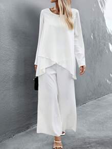 SHEIN Clasi Ladies' Plain And Simple Daily Wear Two-Piece Set With Long Sleeve Top And Pants - White - View 5