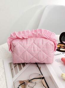 八角格纹化妆包，化妆工具收纳包，洗漱包，蝴蝶结图案化妆品整理洗漱包，荷叶边绗缝大容量化妆刷收纳包，送给女孩、女士、妈妈的礼物，蝴蝶结丝带洗漱包，荷叶边粉色格纹化妆包，手提化妆包，适合作为结婚礼物、伴娘礼物、生日礼物、圣诞礼物、朋友礼物 - 粉色 - 查看 5