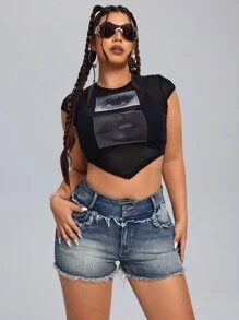 Shorts de mezclilla para mujer de talla grande con flecos, casuales, para el verano