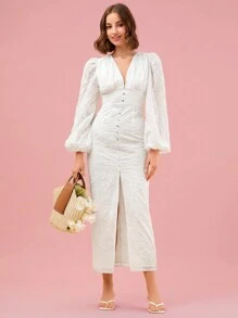 Enchnt 女士純色簡約日常長袖連衣裙 - 白色 - 查看 5