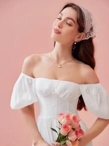 Enchnt Đầm tay phồng trễ vai mùa hè thanh lịch dành cho nữ - trắng - Xem 4