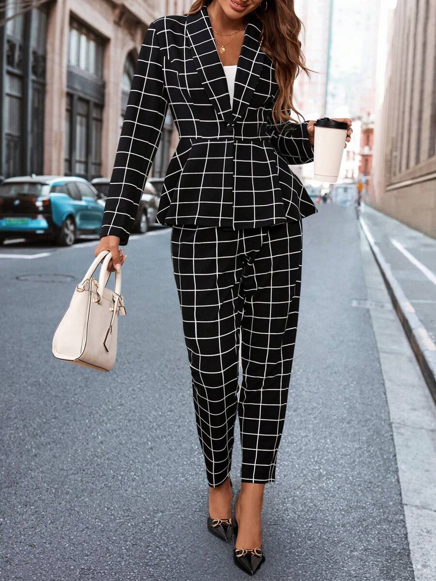 SHEIN Clasi Traje de negocios clásico de mujer a cuadros blanco y negro - Blanco y Negro - Ver 1