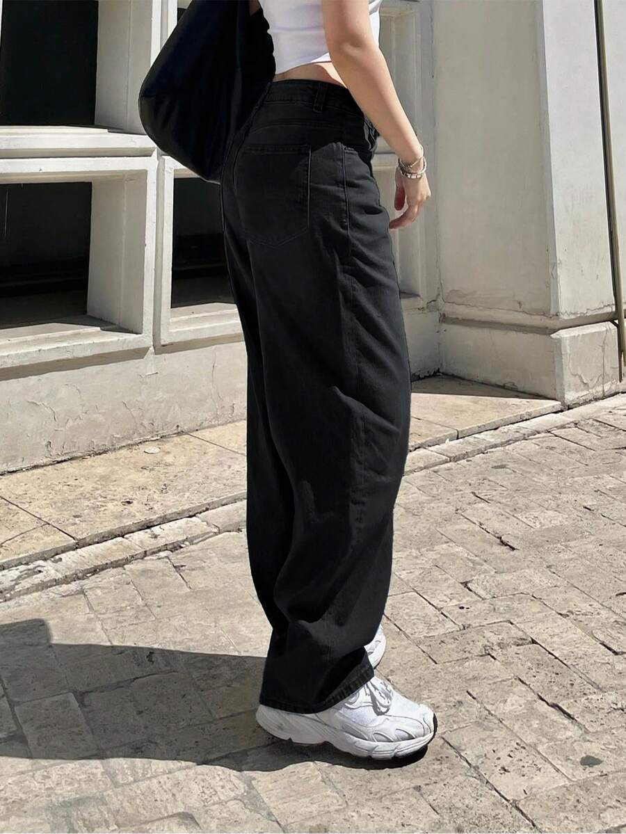 Women's Classic Retro Loose Straight Leg Jeans, Boyfriend Style Casual Everyday Denim Pants - Black - View 1