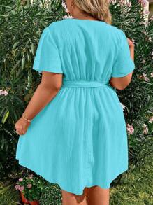 Flirla Plus Size Butterfly Sleeve Ruffle Hem Belted Dress Vacation Beach Outfits Women - Teal Blue - View 2