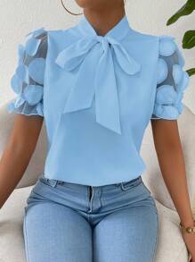 SHEIN Clasi 女式系带短袖衬衫，短袖上衣