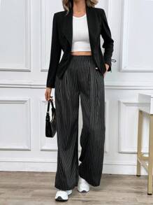 SHEIN Essnce Women Dress Pants Uniform Pants Teacher Pants Ladies' Commuting Black Striped Elastic Waist Wide Leg Trousers With Double Pockets - Black and White - View 6