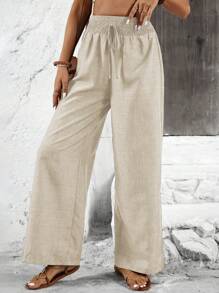 Calvaya Women's Solid Color Wide-Leg Loose Pants With Shirred Belt For Holiday Fall Cloth For Women - Khaki - View 5