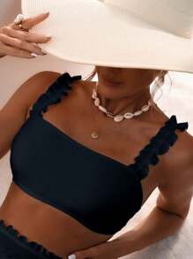 Swim Vcay 女士纯色简约日常比基尼上衣夏季 - 黑色 - 查看 6