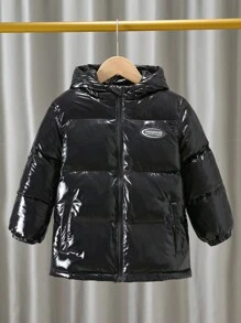 1pc Young Boys Casual Solid Color Decorative Patch Padded  Shiny Fabric Hooded Warm Jacket, Padded Coat, Quilted Coat,In Fall/Winter