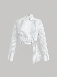SHEIN MOD Plus Size 3D Floral Decor Black & White Striped Cropped Shirt - Black and White - View 1
