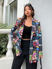SHEIN EZwear 秋冬大码女式印花针织休闲西装外套 - 彩色 - 查看 5