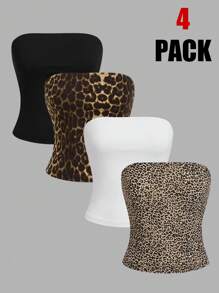 SHEIN EZwear 4入組設計休閒簡約的動物印花貼身短上衣，適合女士夏季戶外穿著