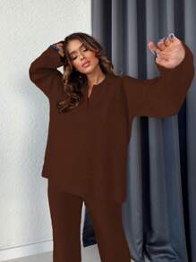 EURMUSE Solid Drop Shoulder Sweater & Knit Pants - Brown - View 4