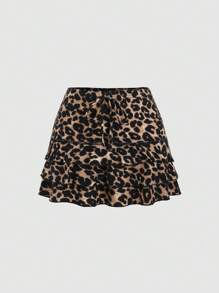 Sweetra Women's Leopard Print Self-Tie Belt Tiered Hem Layered Cake Skirt With Ruffle Trim