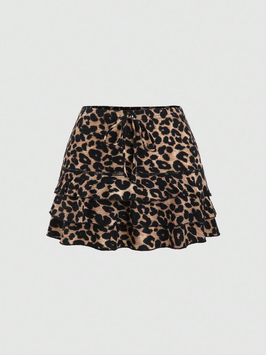 Sweetra Women's Leopard Print Self-Tie Belt Tiered Hem Layered Cake Skirt With Ruffle Trim