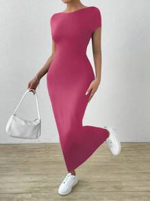 SHEIN PETITE Robe fourreau de couleur unie avec dos profond - Rose vif - Voir 7
