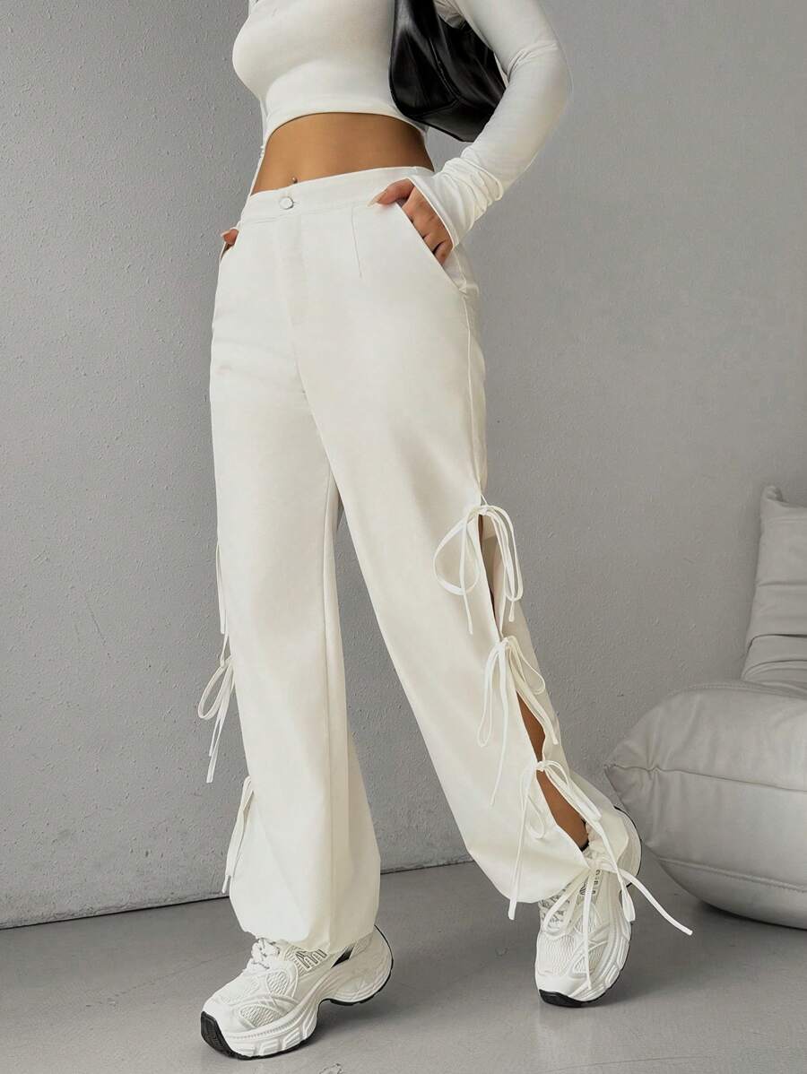 Chiquease Women's Casual Solid Color Hollow Out Drawstring Joggers Fall Cloth For Women - White - View 1