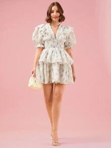 Enchnt 女士夏季雙層荷葉邊點綴花卉拼接彈性腰裙 - 藍色 - 查看 3