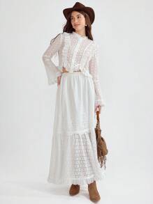 SHEIN Váy ren lưới thêu cạp cao phối viền màu phối bèo cho nữ - trắng - Xem 8