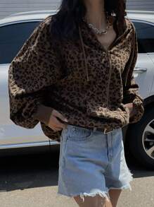 DAZY 豹纹落肩拉链连帽衫，长袖上衣运动衫夹克 - 棕色 - 查看 7