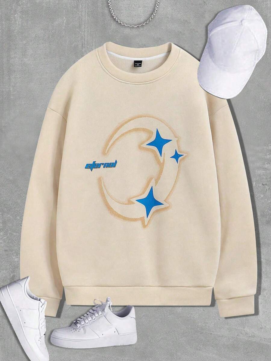 Manfinity Hypemode Men Star & Letter Graphic Thermal Pullover - Khaki - View 1