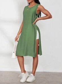 EMERY ROSE Women's Casual Solid Color Sleeveless Side Split Mid-Length Shirt For Summer,Sleeveless Tops - Army Green - View 3