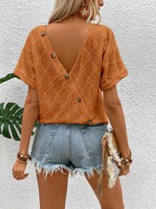 Breezaya 女式純色空心刺繡背後鈕扣T恤，適用於度假和休閒 - 棕色 - 查看 2