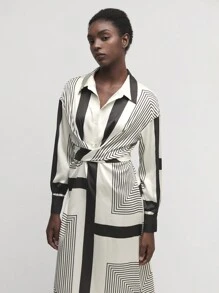 BizChic 女士优雅几何印花工作连衣裙秋季女士服装 - 杏色 - 查看 3