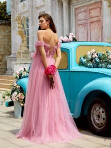 QOQ Fairy Sweet Solid Color Floral Decoration Off Shoulder Mesh High Slit Trailing Gown For Evening Party, Wedding Guests Party Dress Formal Dress Evening Dress - Pink - View 2
