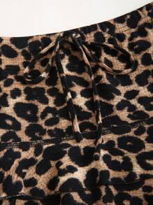 Sweetra Women's Leopard Print Self-Tie Belt Tiered Hem Layered Cake Skirt With Ruffle Trim