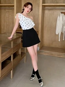 DAZY Women's Solid Color Fashionable Simple Elegant Bowknot Decor Loose Soft Tender Skirted Shorts - Black - View 4