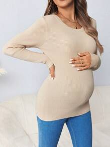 SHEIN 孕妇纯色简约日常长袖毛衣，适合冬季 - 杏色 - 查看 4