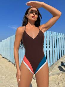 Swim SPRTY Colorblock Criss Cross One Piece Swimsuit Summer - Multicolor - View 4