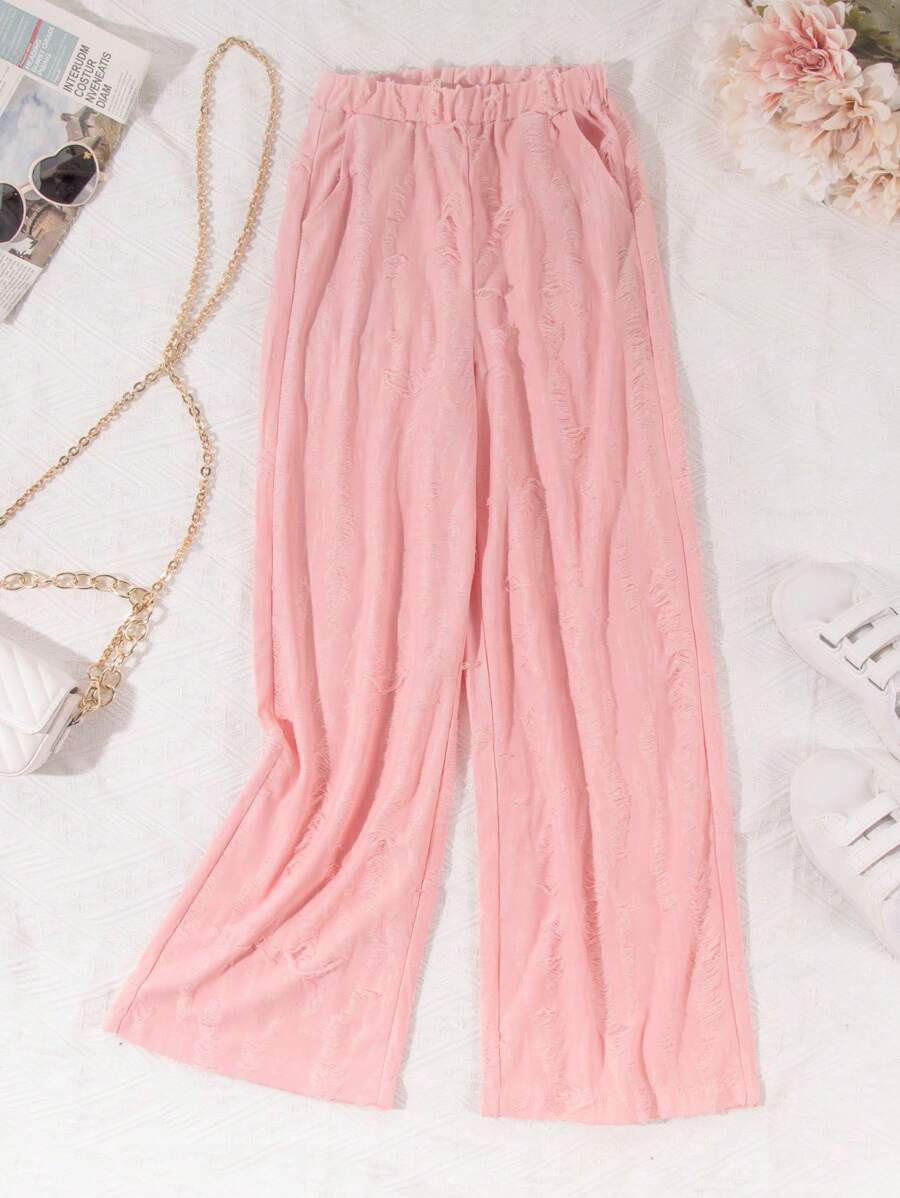 少女粉紅色提花休閒長褲，日常穿著 - 粉色 - 查看 1